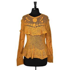 Zara Women's Sweater Mustard Yellow Floral Crochet Open Knit Frill Top Sz M NWT